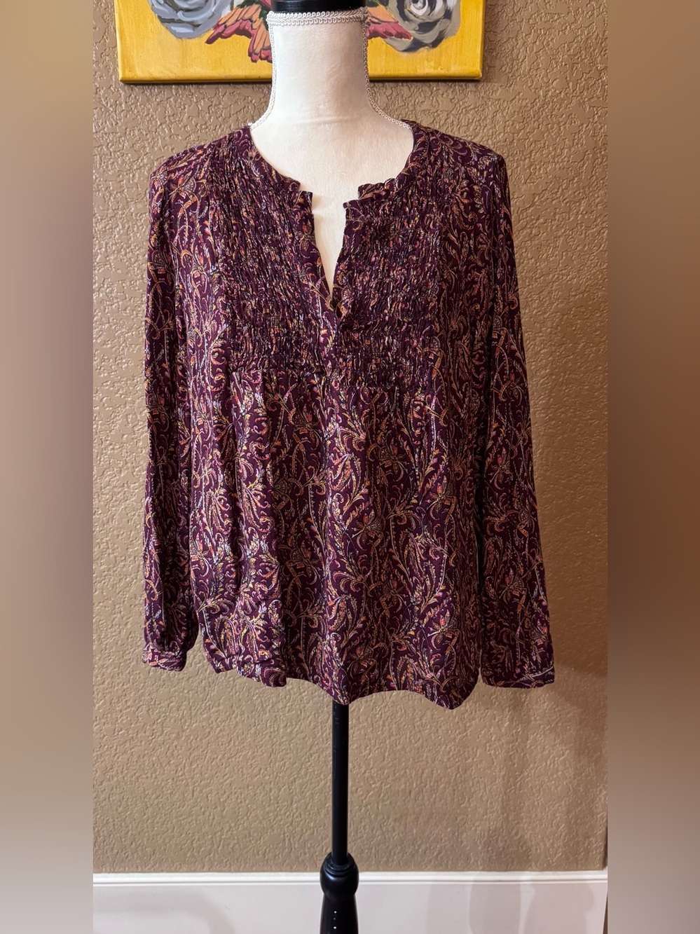 Lucky Brand Burgundy Paisley Long-Sleeve Smocked Peasant Top